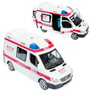 Машина металлическая Mercedes-Benz Sprinter Ambulance 1:32 16.5х9.0х7.0 см  со световыми и звуковыми эффектами в коробке 39.5х36.0х10.0 см 8 штук