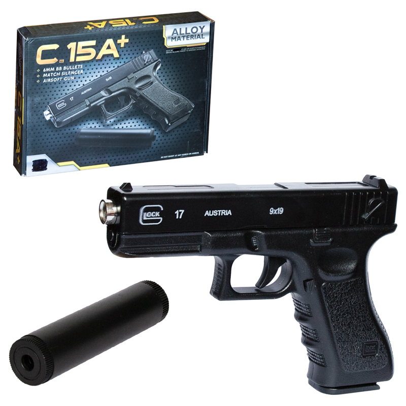 Пневматический пистолет из металла c глушителем Glock 17 в коробке 26.0х18.5х4.5 см