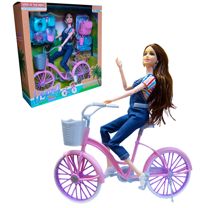 Кукла шарнирная на велосипеде LiYang LY519-A в комплекте с аксессуарами в коробке 32х30х9.5 см