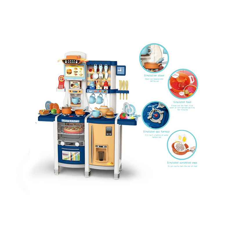 Детская игровая кухня Home Kitchen MJL-89 blue на батарейках 65 аксессуаров в коробке  59х50х20 см