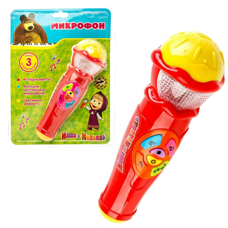 Игрушка развивающая Микрофон «Маша и медведь» на батарейках со световыми эффектами под блистером 26.0х19.0х5.0 см